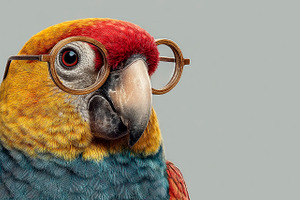 Colorful parrot wearing round glasses close up portrait vibrant, an Animal Photo by José Manuel Gelpi