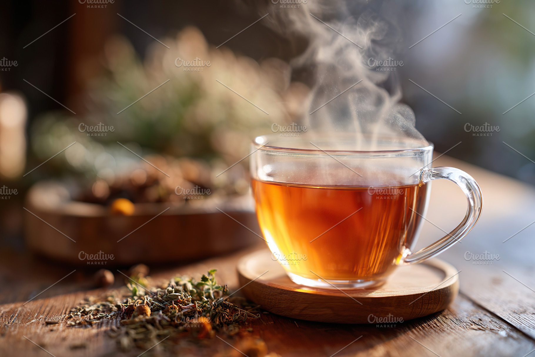 Steam rises from herbal tea in a transparent cup on a rustic wooden table durin, a Food & Drink Photo by AlyaAnd