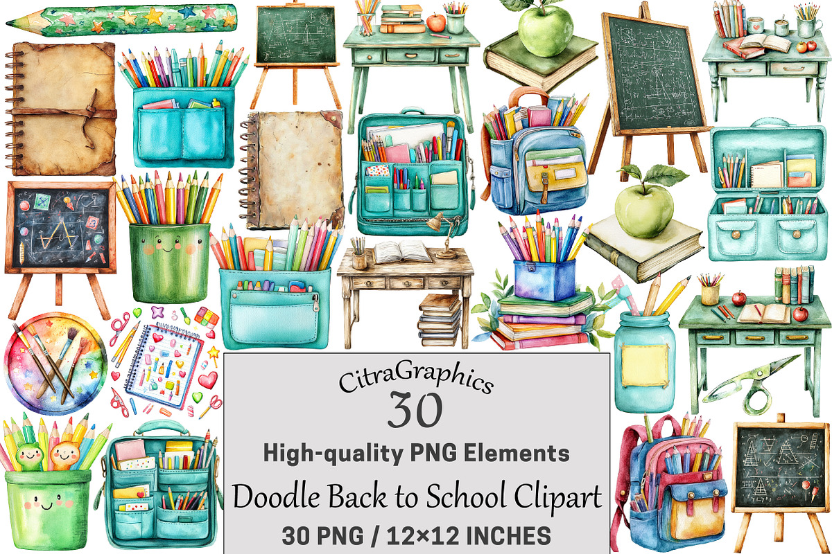 Doodle Back to School Clipart, a Seasonal Illustration by CitraGraphics (Photo 1 of 6)