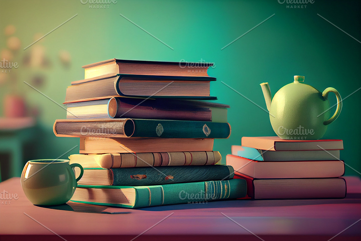 Many books on a wooden table, a Technology Illustration by Olyryk & Aglo