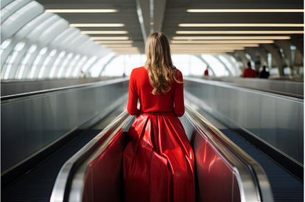 Elegant woman in red dress going up, an Architecture Photo by Ylivdesign