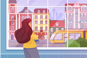 Pensive girl standing, looking, a Person Illustration by Lemberg Vector