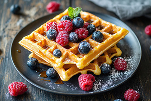 Waffles topped with fresh blueberries and raspberries drizzled with syrup, a Food & Drink Photo by AlyaAnd