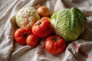 Fresh vegetables on rustic cloth, a Food & Drink Photo by AlyaAnd