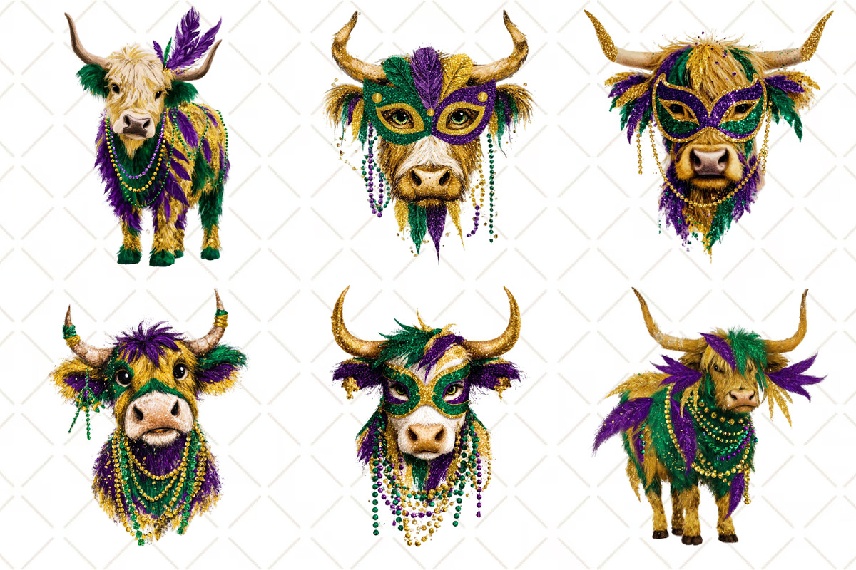 Cute Mardi Gras Highland Cow Clipart, an Illustration by Black Bird Studio (Photo 6 of 6)