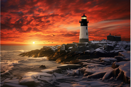 Bleak Lighthouse winter. Generate Ai, a Nature Photo by Ylivdesign