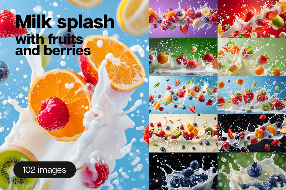 102 Fruits & berries milk splashes, a Food & Drink Photo by Handmadefont (Photo 1 of 16)