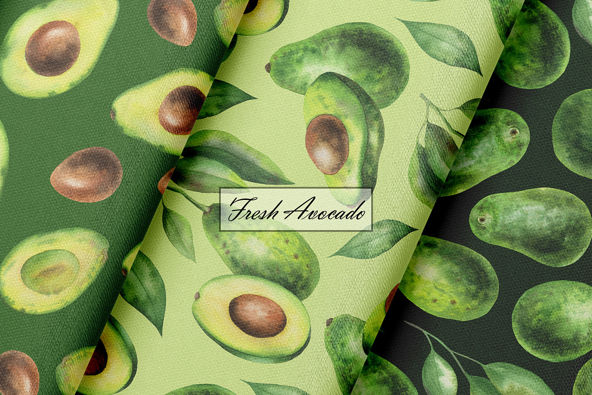 Watercolor Avocado Seamless Patterns, a Food Illustration by OlDm_Shop (Photo 5 of 10)
