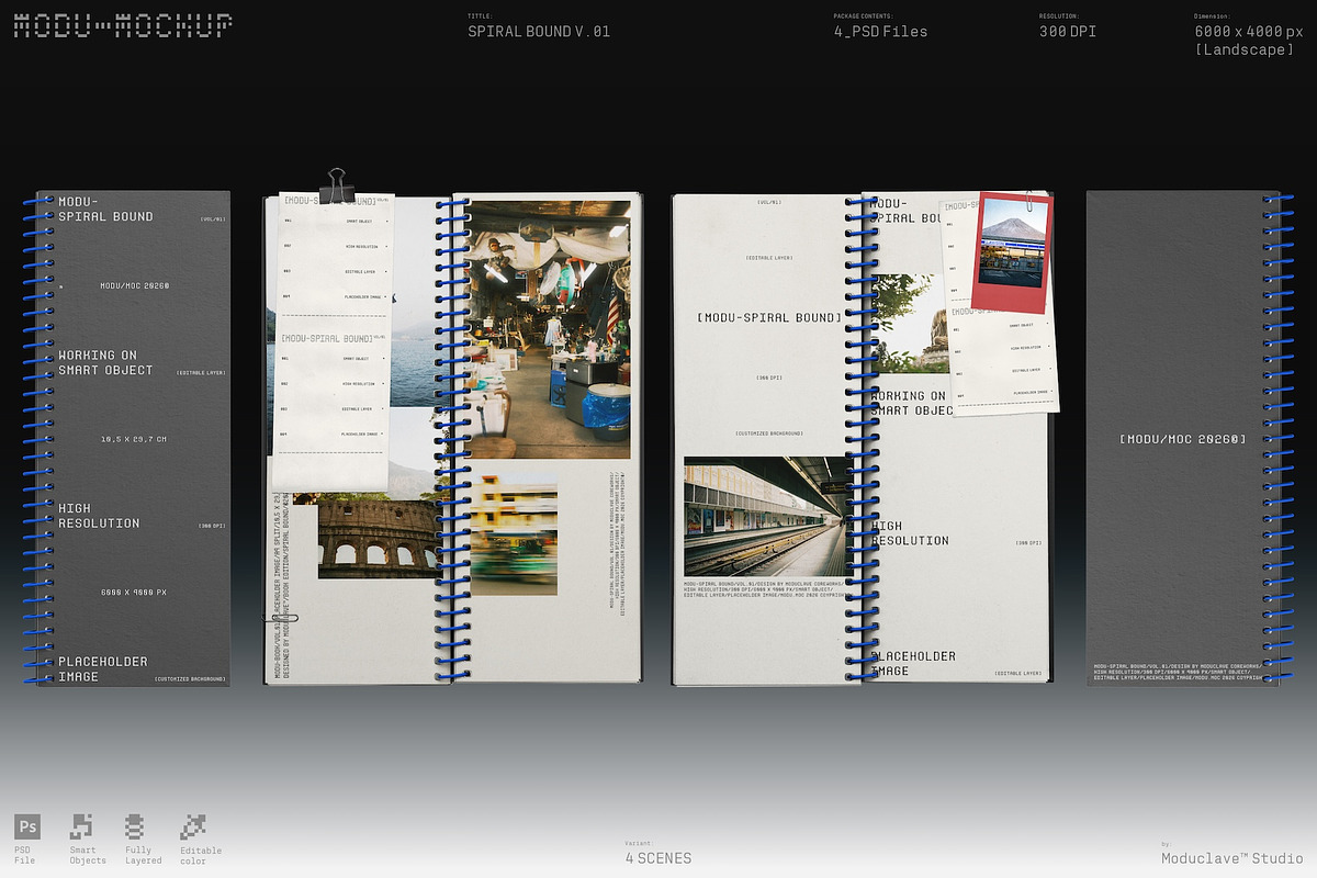 Spiral Notebook Mockup – 4 Scenes, a Books & Magazine Mockup by Moduclave Studio (Photo 1 of 5)
