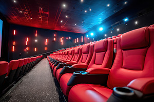 Modern cinema interior with plush red seating, an Arts & Entertainment Photo by AlyaAnd