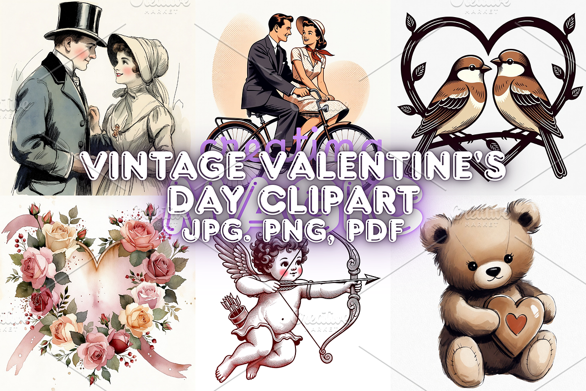 Vintage Valentine's Day Clipart, a Seasonal Illustration by Creative design (Photo 1 of 7)