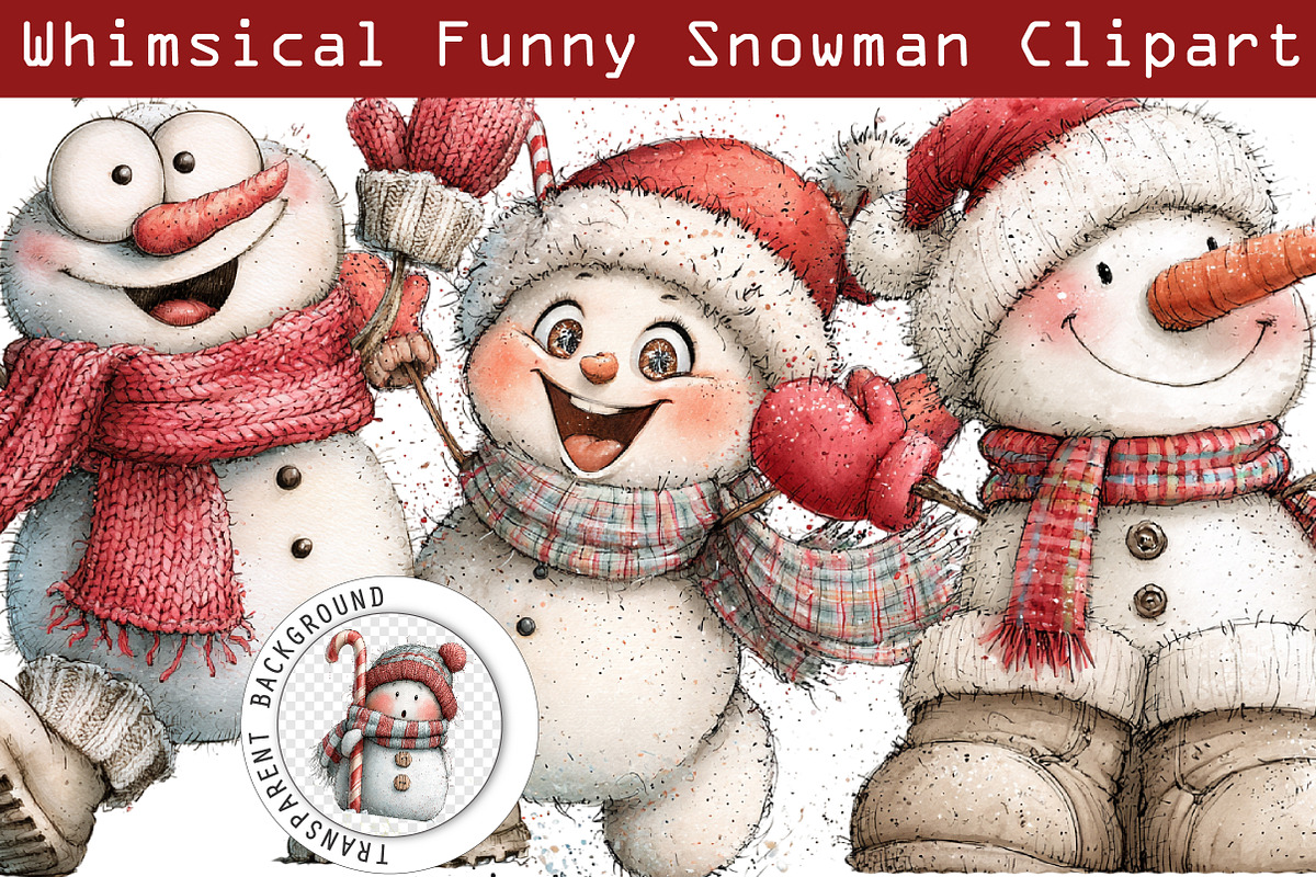 Funny Christmas Snowman PNG Bundle, a Work Illustration by SinaCreation (Photo 1 of 6)