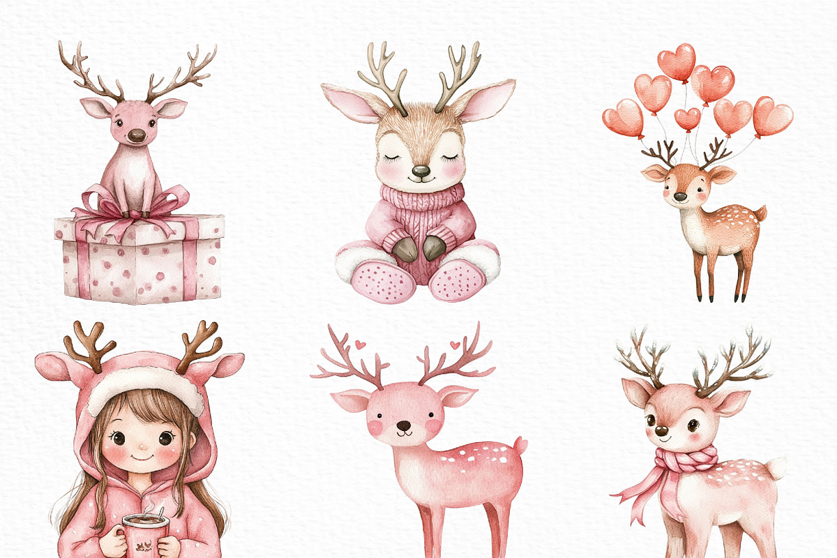 Watercolor Cute Pink Reindeer PNG, an Illustration by Craft Nest (Photo 3 of 6)