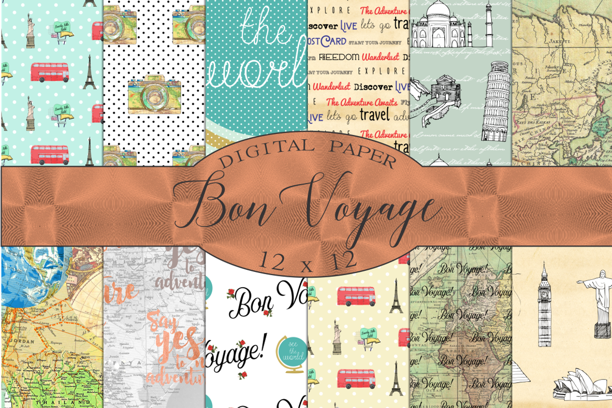 Bon Voyage Travel Digital Paper, a Pattern Graphic by Kiwi Fruit Punch (Photo 1 of 3)