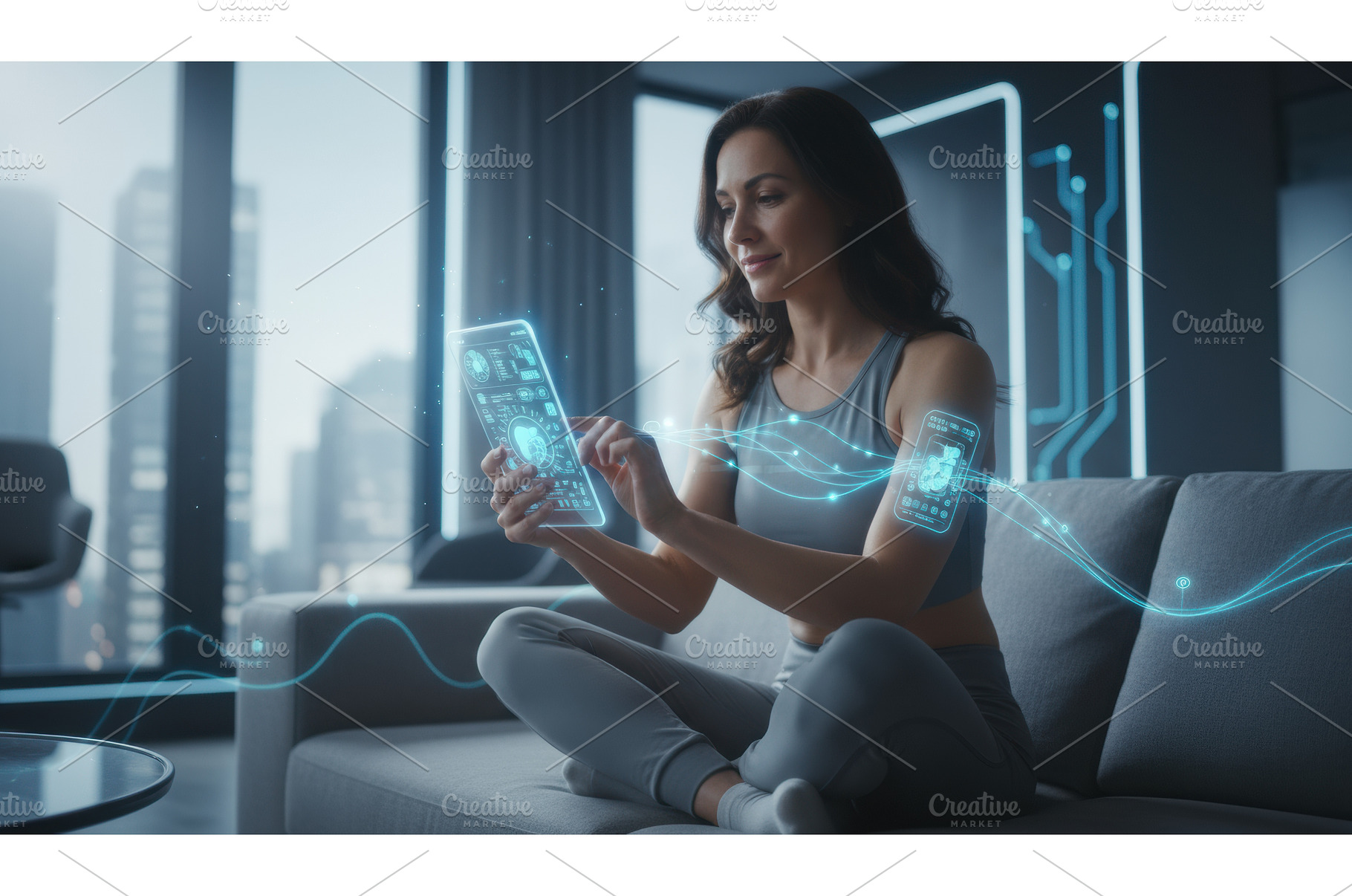 Young woman using futuristic health, a Technology Photo by Igor Tichonow