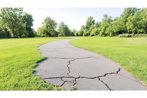 Cracked path through lush green park, a Nature Photo by Lermont51