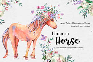 Watercolor Horse Unicorn Clipart