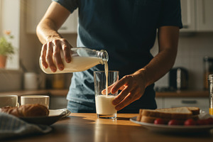 Man pouring fresh milk into a glass, a Food & Drink Photo by professorinc