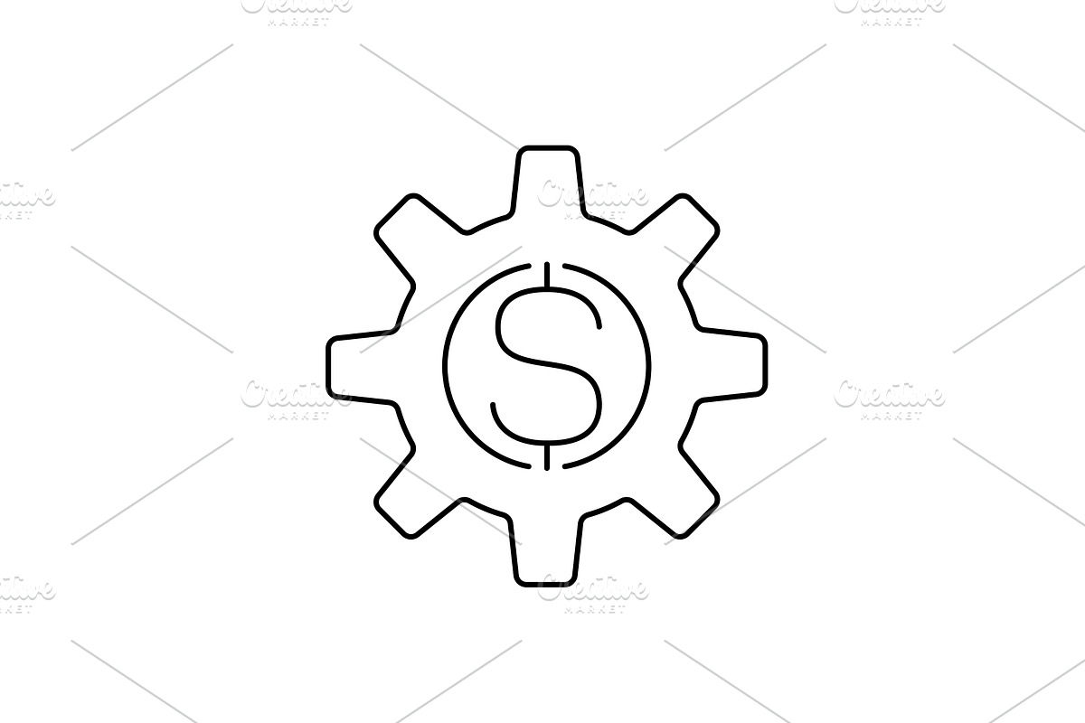 Dollar sign inside cogwheel line, an Outline Icon by Saggitarius