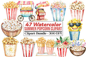 Watercolor Summer Popcorn Clipart, an Illustration by DreamCafeArt
