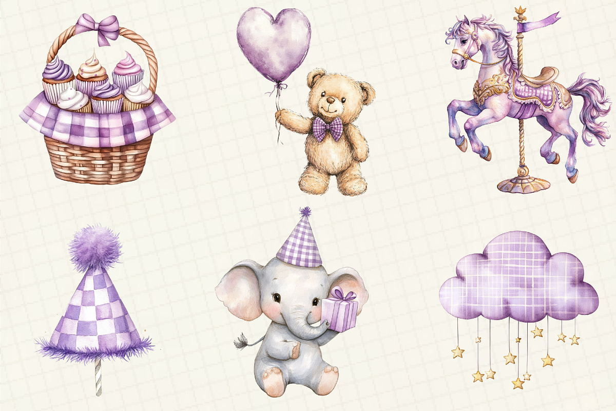 Purple Gingham Kids Birthday Clipart, an Illustration by OK Design (Photo 2 of 5)