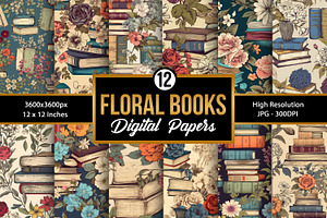 Vintage Floral Books Digital Papers