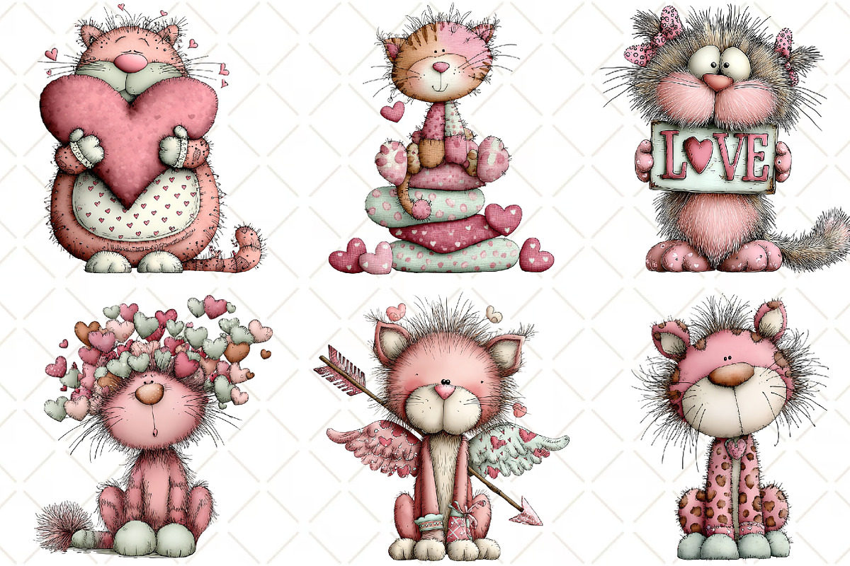 Whimsical Cats Valentines Day Clipar, an Illustration by Black Bird Studio (Photo 5 of 6)