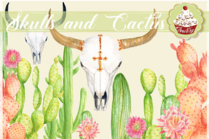 Watercolor Cactus And Skull Clipart