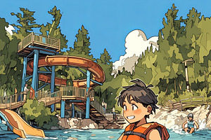 Happy child kayaking near a water park on a sunny summer day, an Illustration by AS photostudio