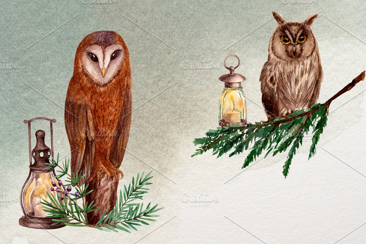 Owls and lanterns.Watercolor clipart, a Decorative Illustration by a_ptichkina (Photo 6 of 7)