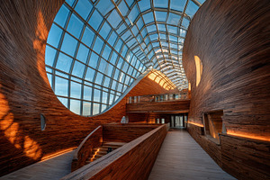 Wooden interior with skylight modern, an Abstract Photo by Pixeness Studio