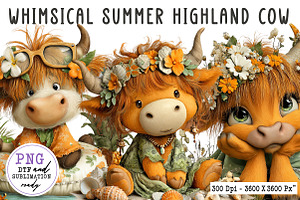Whimsical Summer Highland Cow Clipar, an Illustration by CreationArt