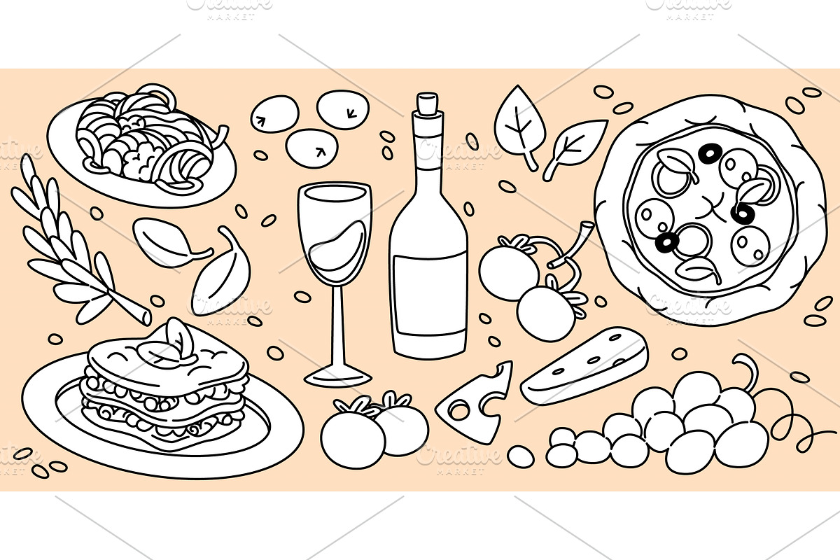 Hand drawn Italian cuisine elements, a Food Illustration by art PVP - market