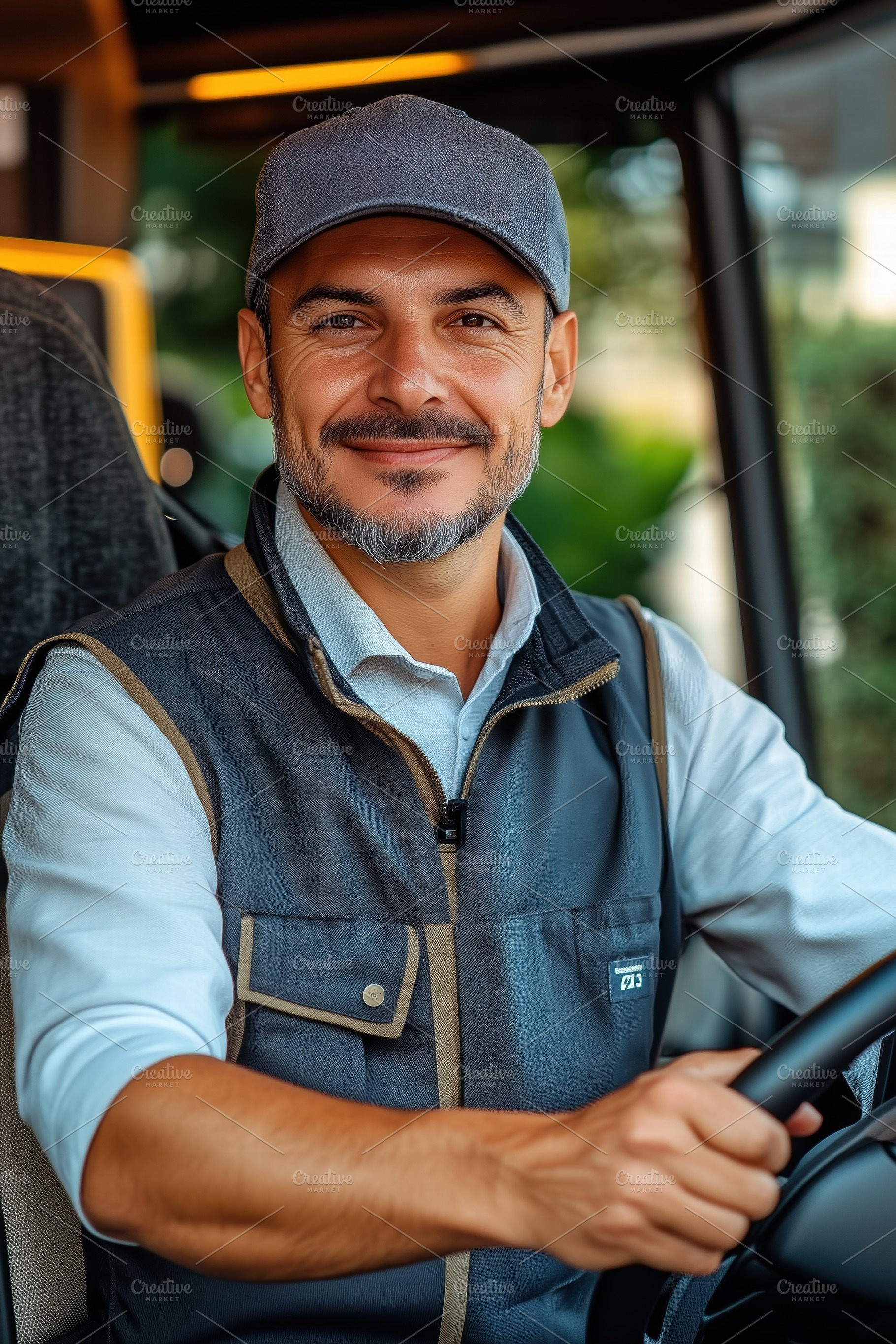 A smiling bus driver man in a cap and vest sitting in a vehicle, holding the st, a Person Photo by Textures & Backgrounds