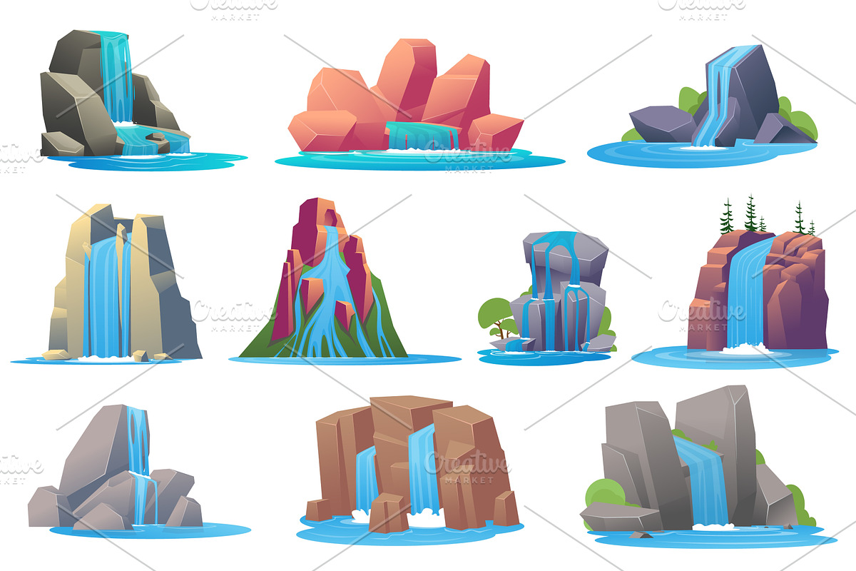 Mountain waterfalls. Water flowing, an Illustration by Vectorbuum