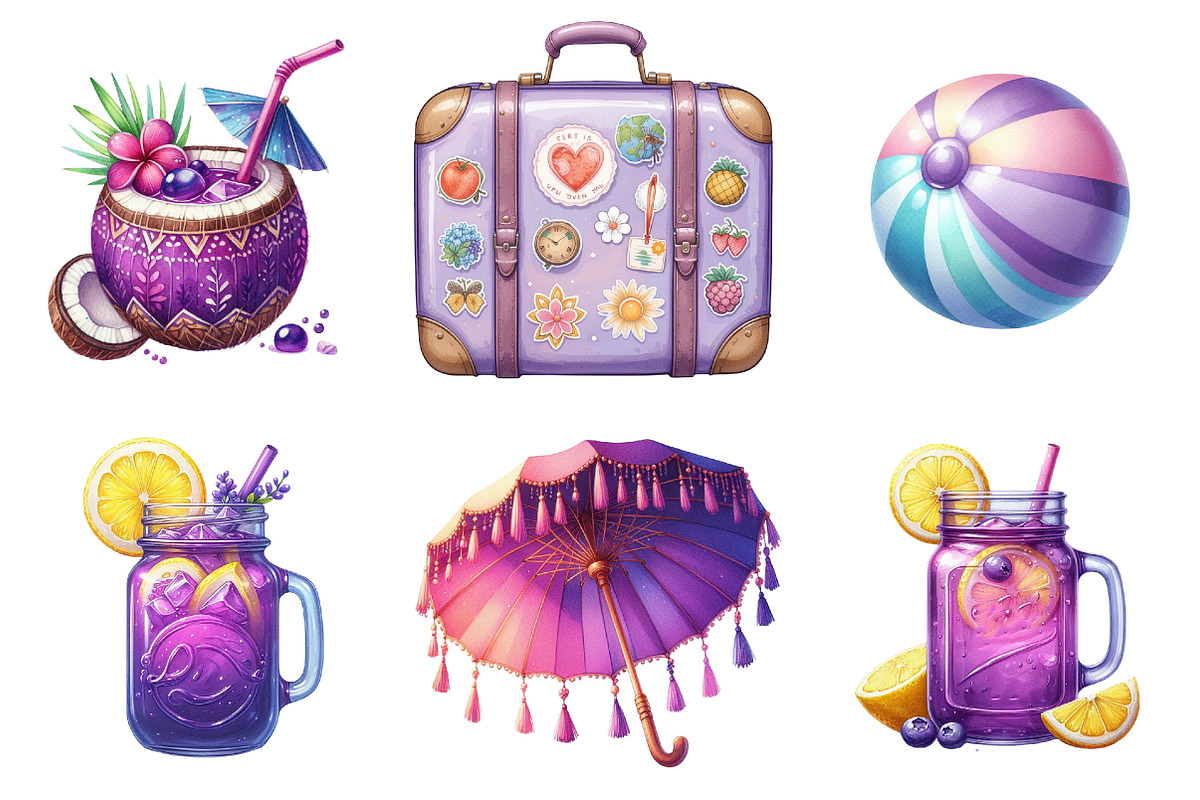 Purple Summer Vacation Graphics, an Illustration by Watercolor design (Photo 3 of 4)