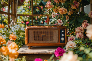 Vintage radio on wooden table surrou, a Photo by Iftikhar Alam