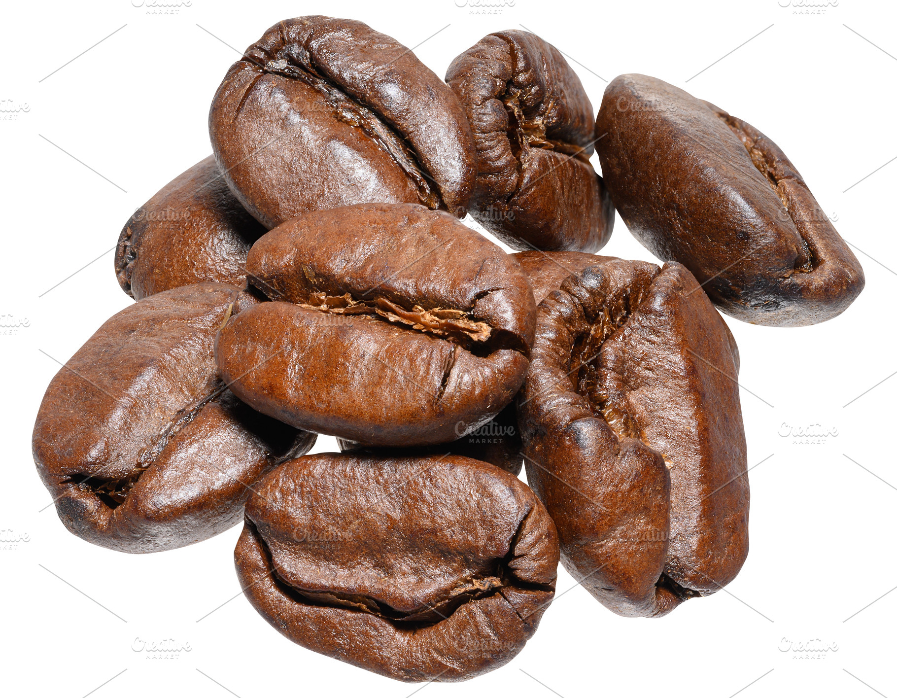 Roasted coffee beans, shot close-up on an isolated background, a Food & Drink Photo by ndanko