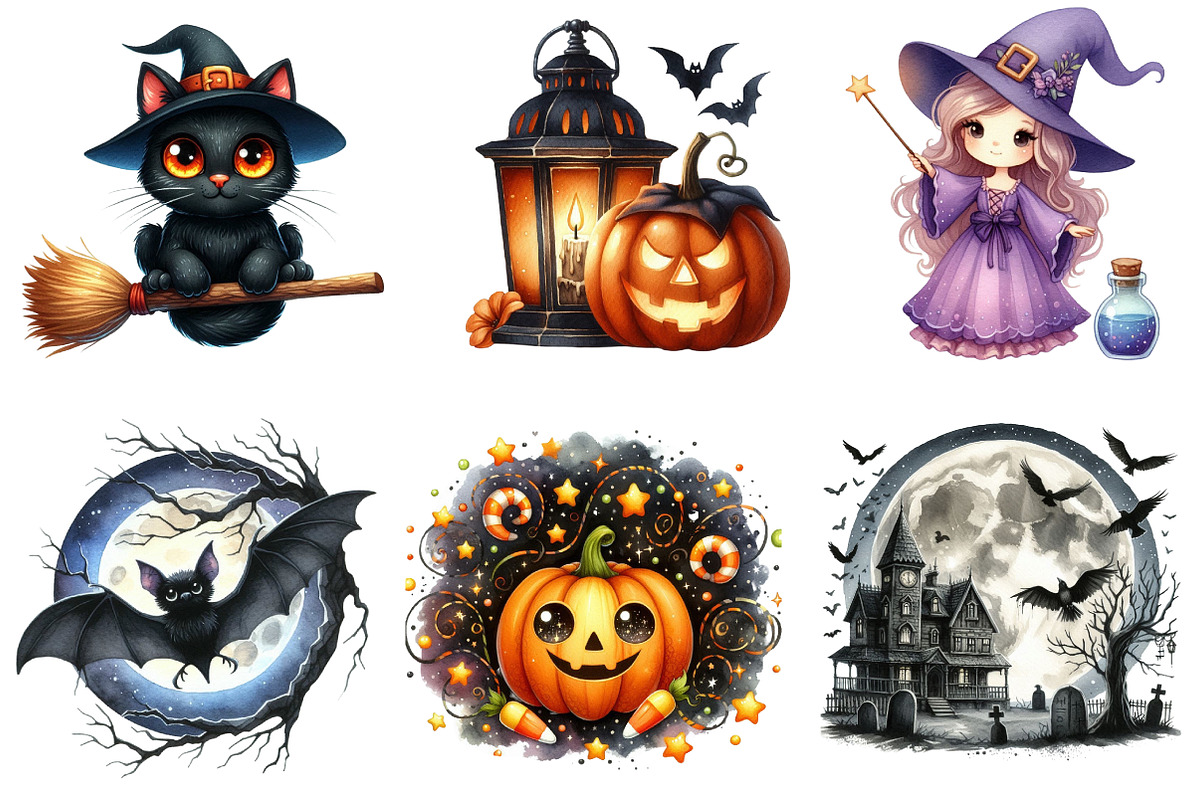 Watercolor Cute Halloween Clipart, an Illustration by CreationArt (Photo 3 of 6)