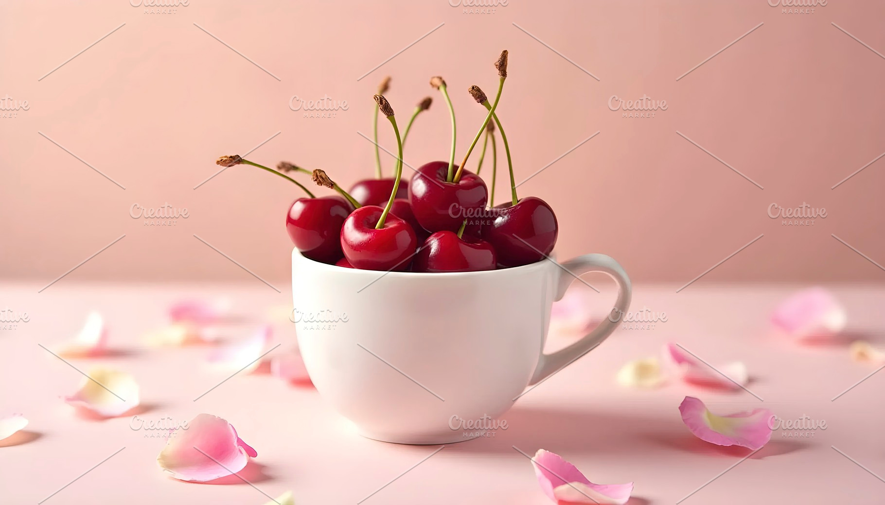 Fresh Cherries In Soft Pink Floral S, a Photo by LOGOCREATIVE