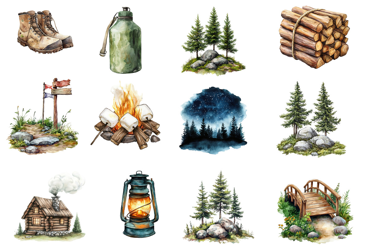 Watercolor Camping Hiking Clip Art, an Illustration by Designworld (Photo 4 of 6)