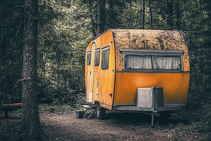 Travel trailer camping in the woods, a Photo by Pavel_design