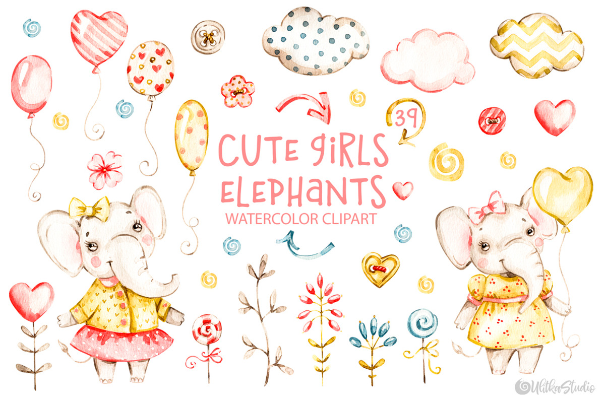 Nursery elephants Watercolor clipart, an Animal Illustration by UlitkaStudio (Photo 1 of 7)