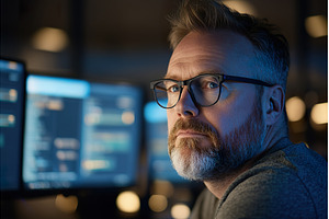 Pensive adult Caucasian male wearing, a Technology Photo by Lermont51
