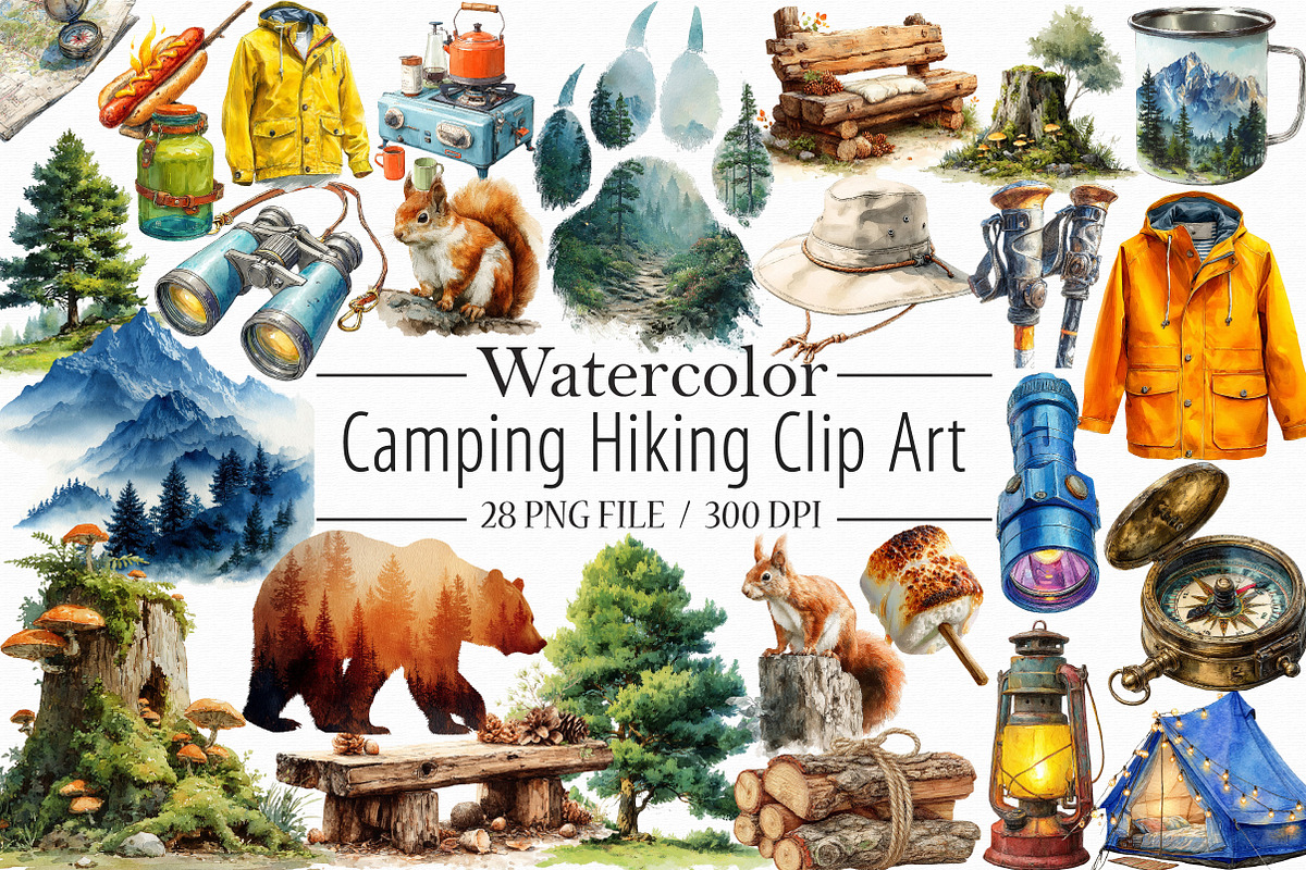 Watercolor Camping Hiking Clip Art, an Illustration by Libby Wishes (Photo 1 of 5)