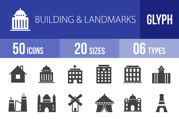 50 Buildings Landmarks Glyph Icons