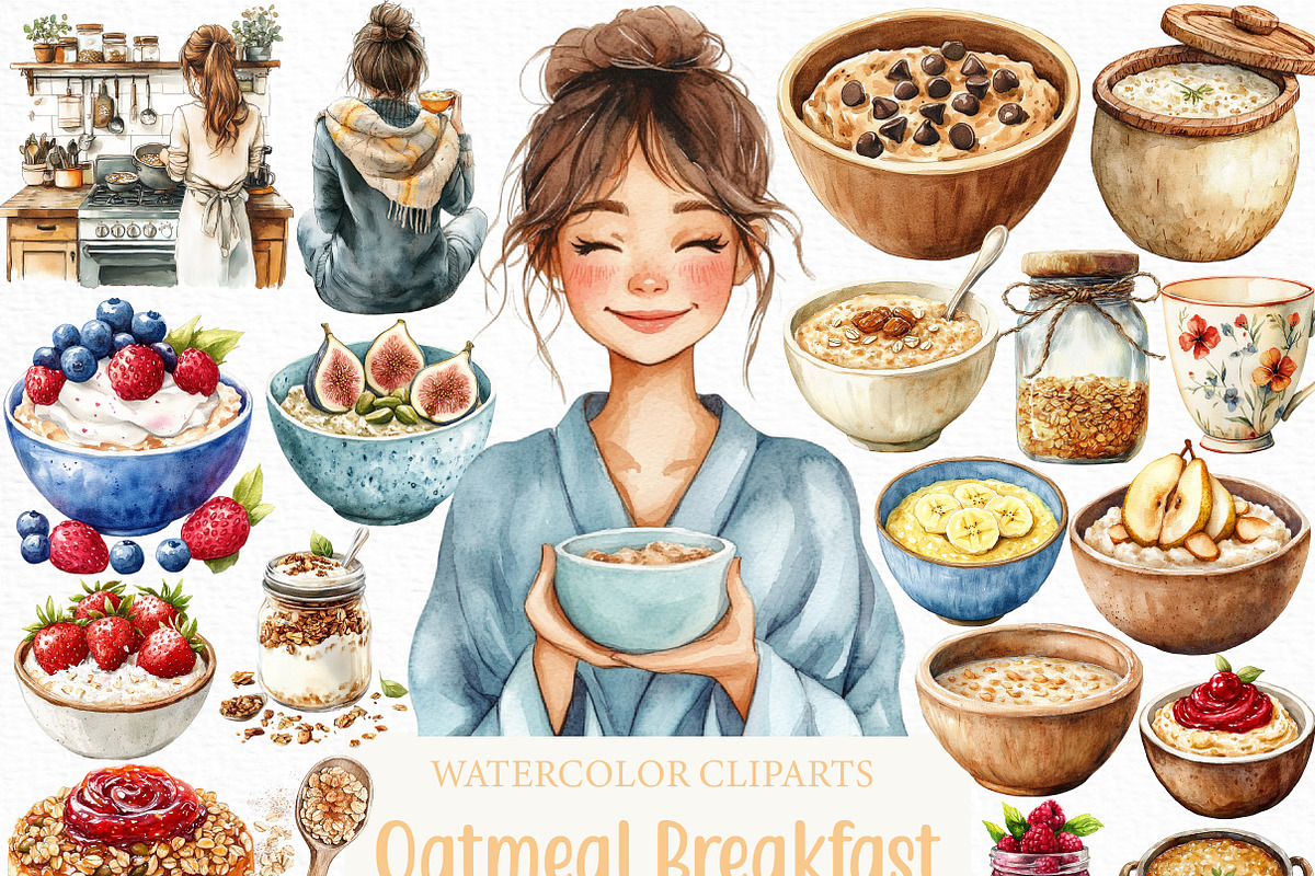 Watercolor Oatmeal Breakfast Clipart, an Illustration by Craft Nest (Photo 1 of 6)