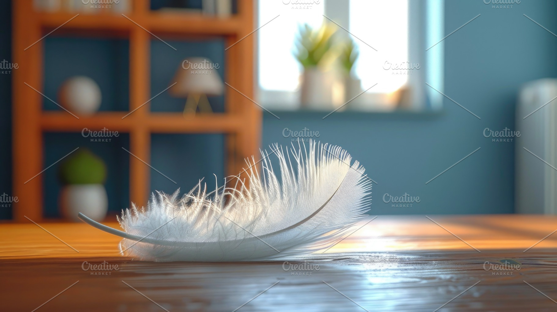 White Feather on Wooden Table in Bright Home Interior, a Background Photo by José Manuel Gelpi
