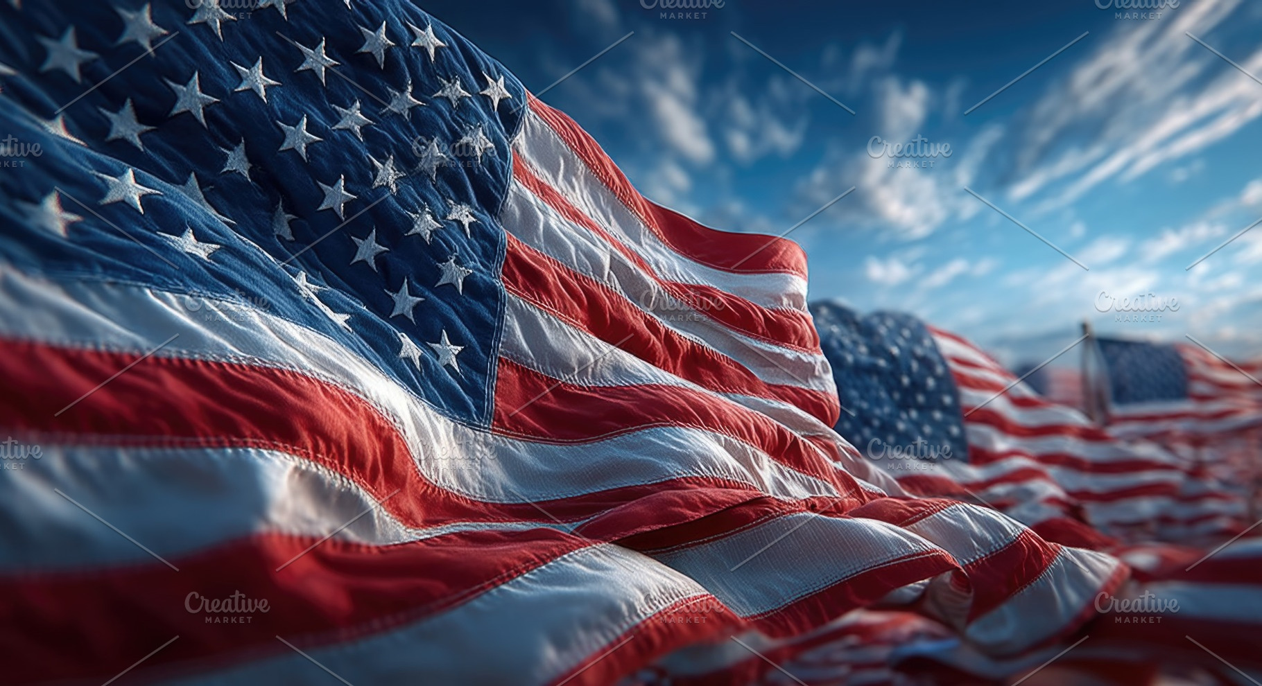 American flags waving in blue sky for Fourth of July, a Background Photo by José Manuel Gelpi
