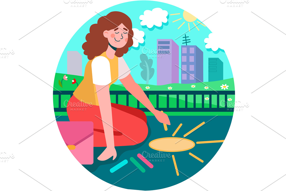 Woman drawing using chalk enjoy, a Person Illustration by vectorpointstudio